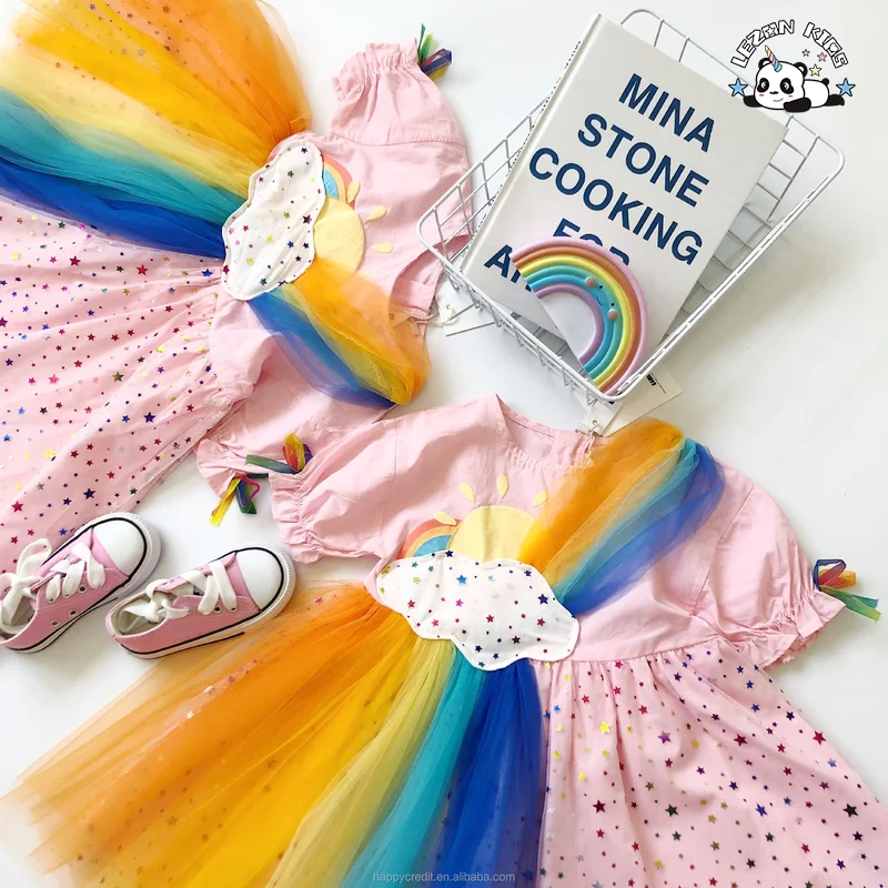 LEZONKIDS - 2023 New Summer Rainbow Clouds Rainbow Colors Stars Mesh Dress  Girl Dresses For Kids